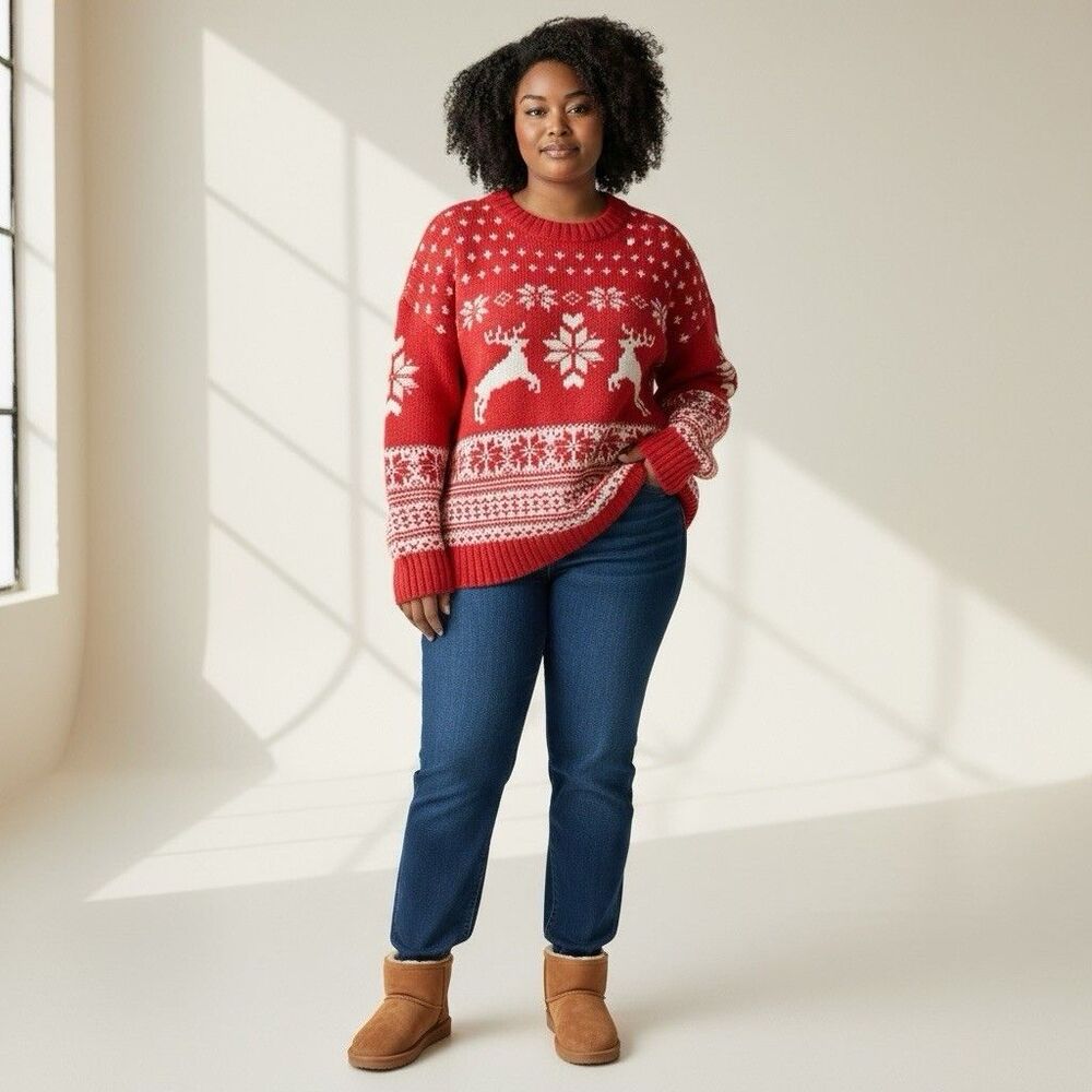 Fat Face UK Wool Blend Fair Isle Red Cream Reindeer Ski Resort Sweater Size 18